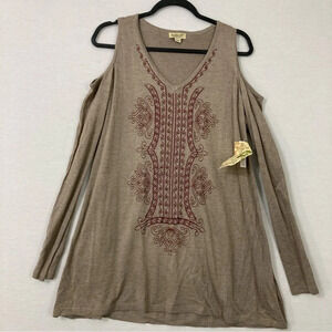 New One World Brown Embroidered Cold Shoulder V Neck Stretch Tunic XL